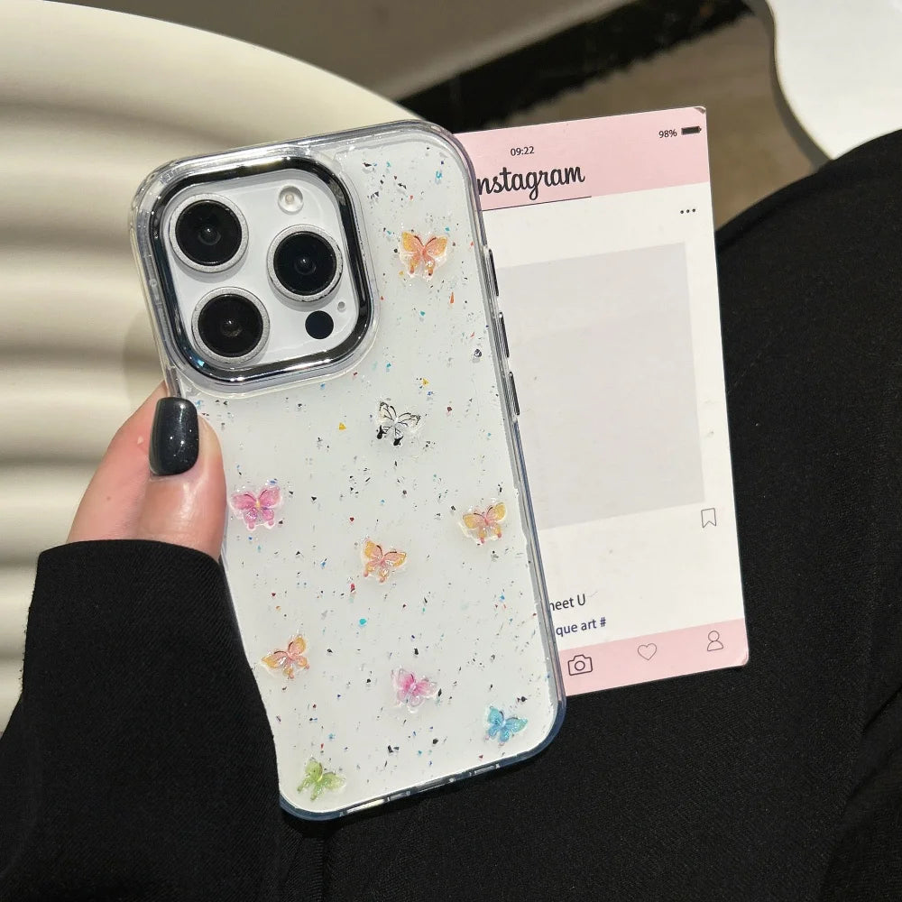 Luxury Glitter Butterfly Transparent Bumper Case For iPhone 16 15 14 13 12 11 Pro Max Plus Shockproof Silicone Protective Cover