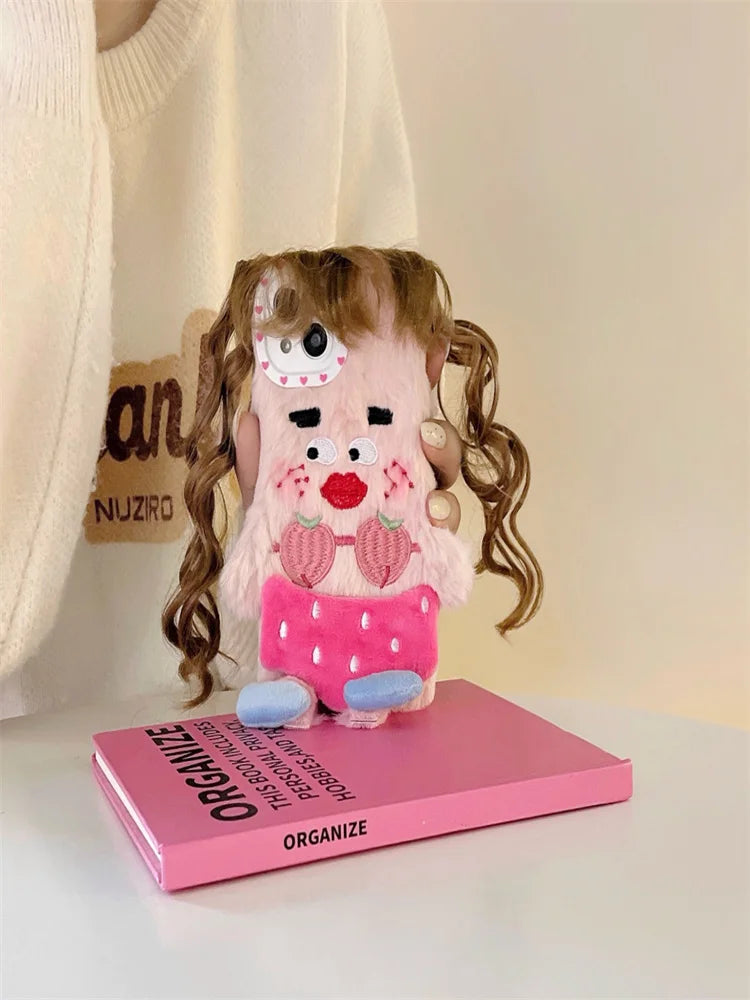 Cute 3D Girl Long Hair Winter Phone Cases for Iphone 14 Pro Max 13 12 11 Case Winter Warm Plush Hair Cover