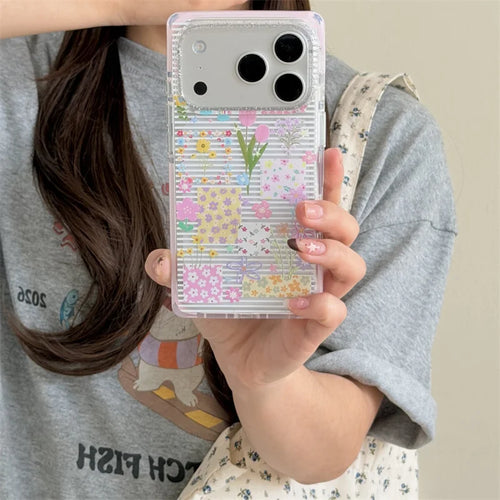 Colorful Floral Sticker Striped Phone Case With Flower Lanyard For iPhone 15 16 17 Pro Max INS Cottagecore Shockproof Protective