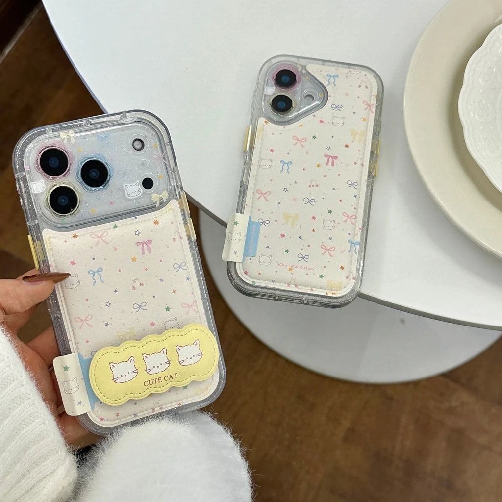 Cute Flowers Lens Cat Stars Bowknot Leather Covered With Fold Holder Shock Proof Phone Cover Case for iPhone 17 16 15 14 Pro Max