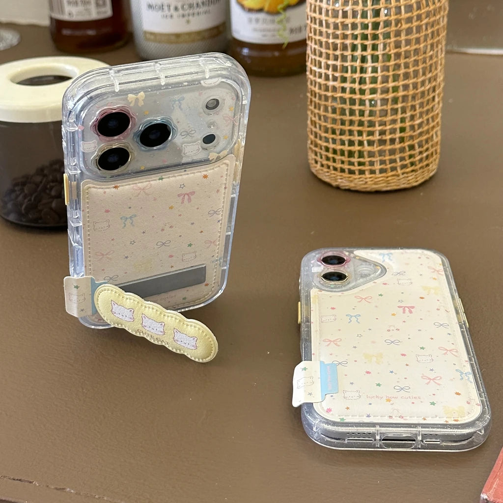 Cute Flowers Lens Cat Stars Bowknot Leather Covered With Fold Holder Shock Proof Phone Cover Case for iPhone 17 16 15 14 Pro Max