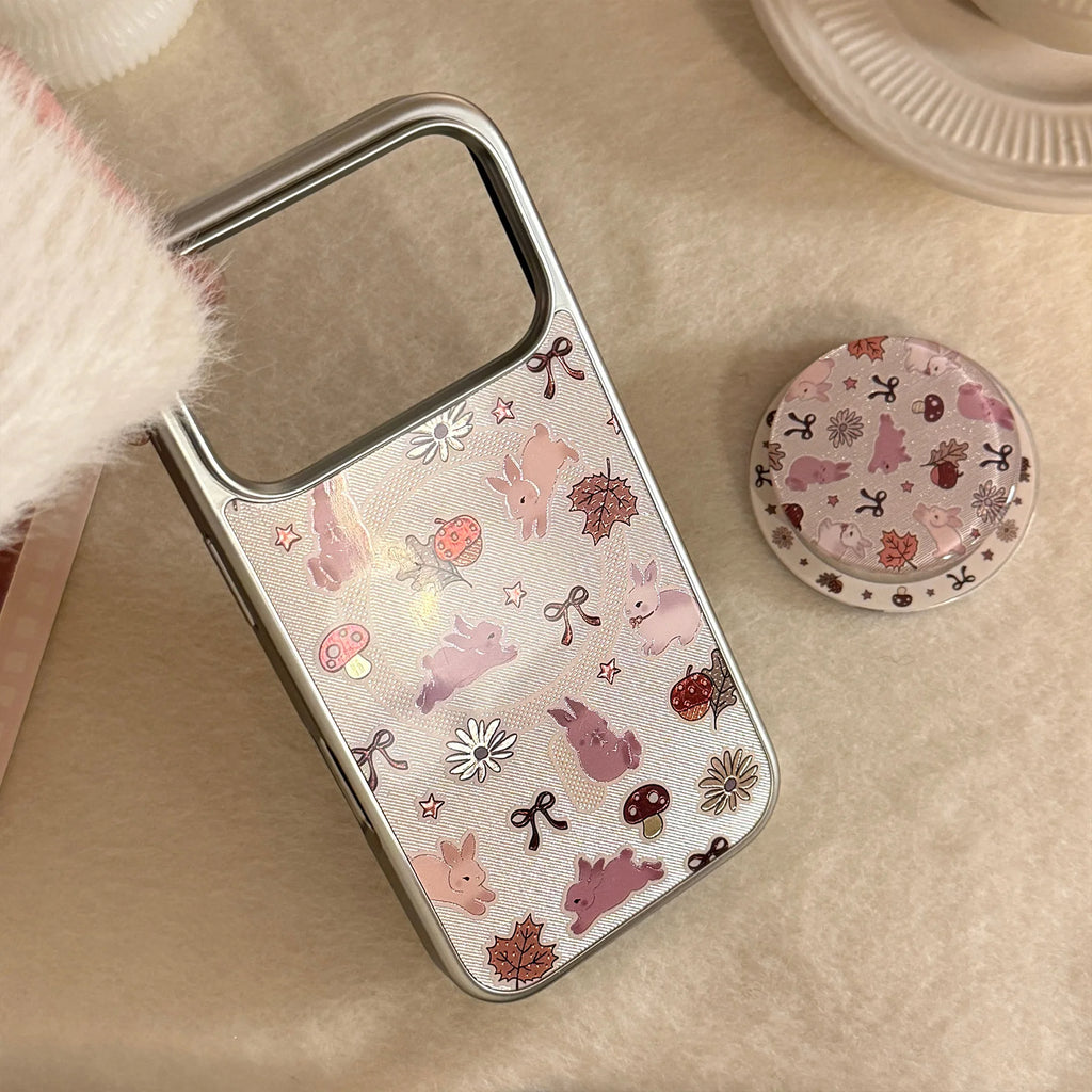 Gilding Rabbit Mushroom Bowknot Silver Border Holder Magnetic Phone Cover Case for iPhone 17 16 15 14 13 12 Pro Max Plus Air