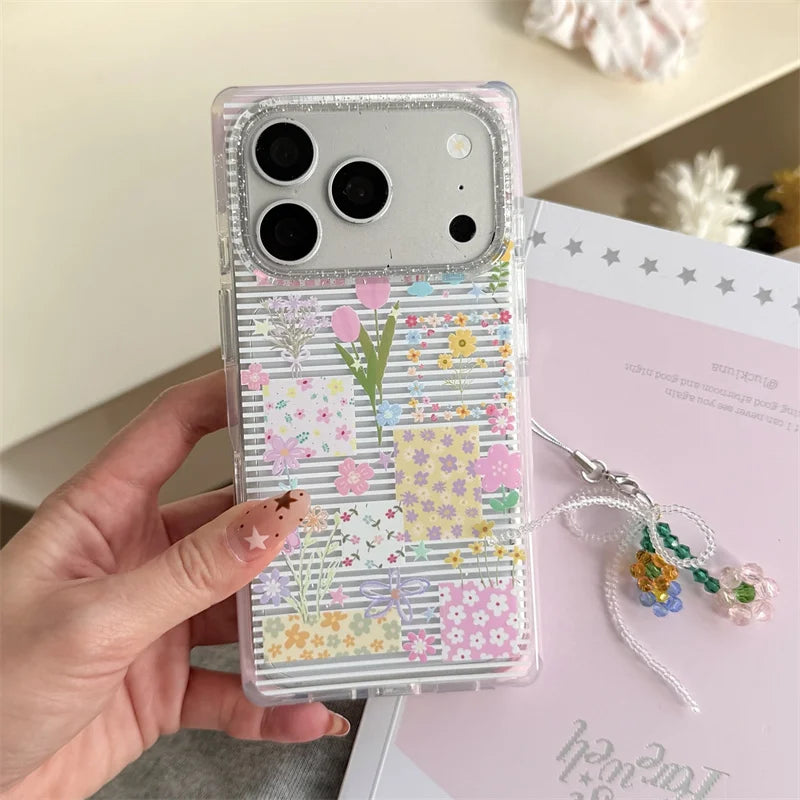 Colorful Floral Sticker Striped Phone Case With Flower Lanyard For iPhone 15 16 17 Pro Max INS Cottagecore Shockproof Protective